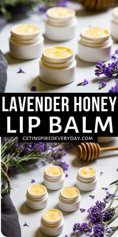 lavender honey lip balm on a table with flowers and bees around the jar text overlay says lavender honey lip balm