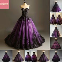 Midnight Purple Quince Dress, Black And Purple Quinceanera Dresses, Purple And Black Wedding Dress, Dark Purple Quinceanera Theme, Dark Purple Ball Gown, Halloween Bridesmaid Dress, Dark Purple Quinceanera Dresses, Black And Purple Wedding Dress, Goth Weddings