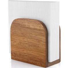 a close up of a wood and white paper holder