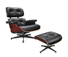 the eames chair and ottoman is shown in black leather with wood trimmings