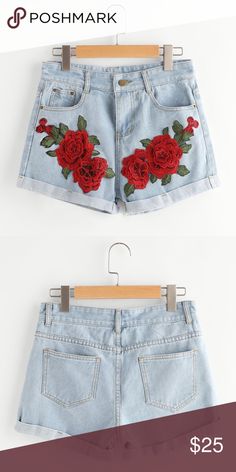 High waisted embroidered shorts New without tags ROMWE Shorts Jean Shorts Casual Red Bottoms With Floral Embroidery, Red Embroidered Bottoms For Summer, Embroidered Red Bottoms For Summer, Red Denim Shorts For Spring, Casual Multicolor High-waist Jean Shorts, Trendy Embroidered Blue Shorts, Trendy High-waisted Floral Embroidery Jean Shorts, High-waisted Blue Jean Shorts With Floral Embroidery, Floral Embroidered Denim Cutoff Shorts