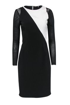 Current Boutique-Elie Tahari - Black & White Bodycon Dress Sz 4 Sleek Fitted Dress With Sheer Sleeves, Sleek Dress With Sheer Sleeves For Night Out, Chic Midi Dress With Sheer Sleeves For Work, Modern Bodycon Dress For Night Out In Spring, Modern Spring Bodycon Dress For Formal Occasions, Modern Black Bodycon Dress, Party Mini Length Color Block Dresses, Chic Dresses With Sheer Sleeves For Work, Color Block Mini Party Dress