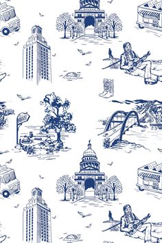 a blue and white wallpaper with many different types of buildings