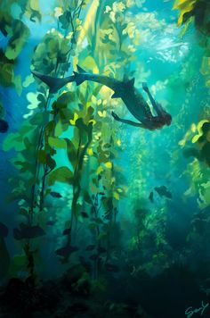 a painting of a man diving in the water surrounded by plants and fish, with sunlight streaming through