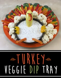 a turkey veggie dip tray with cauliflower and carrots