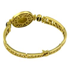 For Sale on 1stDibs - This S.Georgios designer yellow gold 18 karat Bracelet is all handmade and features a coin of the Athena (replica - a copy from the original) the Goddess Yellow Gold Byzantine Bracelets With Intricate Design, Yellow Gold Byzantine Bracelet, Luxury Byzantine Bangle Jewelry, Byzantine Style Coin-shaped Yellow Gold Jewelry, Ancient Greek Jewelry 1stdibs, Greek Design, Gold Link Bracelet, Design Bracelet, White Gold Sapphire