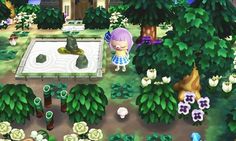 an animal crossing game is shown in the middle of some trees and bushes with animals around it