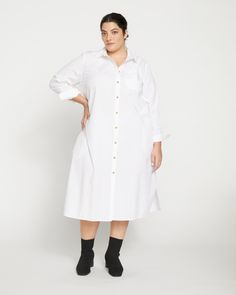 Odeon Stretch Poplin Shirtdress - White | Universal Standard Formal Shirt Dress With Spread Collar And Placket, Formal Shirt Dress With Spread Collar And Button Cuffs, Formal Shirt Dress With Button Cuffs And Spread Collar, Elegant Cotton Shirt Dress With Placket, Formal Cotton Button-up Shirt Dress, Workwear Shirt Dress With Spread Collar And Placket, Classic Spread Collar Shirt Dress For Summer, Classic Shirt Dress With Spread Collar For Summer, Classic Shirt Dress With Spread Collar For Spring