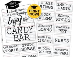 printable candy bar stickers with graduation cap on top and the words enjoy the candy bar