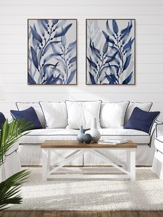 two blue and white paintings hanging on the wall above a couch in a living room