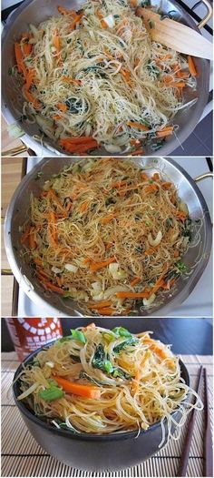 three different pictures of food being cooked in pans