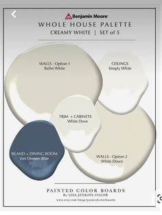 three shades of white paint with the words, whole house palette creamy white set of 5