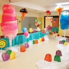 an office decorated with candy land and lollipops