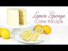 lemon sponge cake recipe on a white plate with lemons around it and the words lemon sponge cake