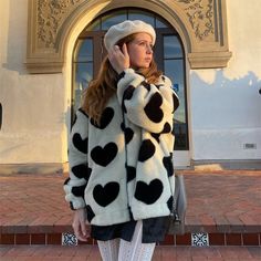 Product Show Preppy Heart, Heart Jacket, Silver Pants, Fashion Student, Plush Coat, Faux Fur Coats, Fits Aesthetic, Black And White Heart, Fur Sweater