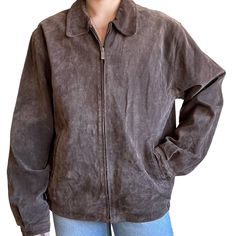 Vintage 90s Mens Adler Brown 100% Suede Leather Bomber Full Zip Jacket Sz L Originally a mens but can be worn unisex  Size L 100% suede exterior  Color: brown  Fully lined  Full zip front  2 front pockets  Collar to hem: 30"  Pit to pit: 23"  Sleeve: 26"  Shoulders: 19"  Modeled on a medium/size 6/ 5 foot 7/ 140lbs/ 34 C/ 28" inch waist 28 Inch Waist, 90s Mens, Pop Style, Zip Jacket, Suede Leather, Medium Size, Vintage 90s, Jackets & Coats, Adult Outfits