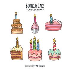 hand drawn birthday cake collection in pastel colors with candles and frosting on them