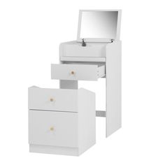 a white dresser with two drawers and a mirror on it's top, against a white background