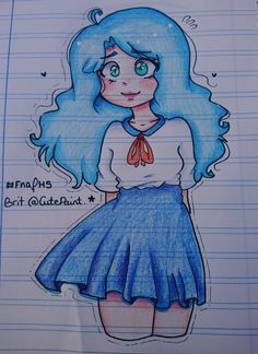 a drawing of a girl with blue hair