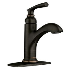 a black faucet with gold accents on the side and an angled spout