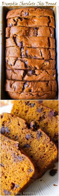 two pictures of pumpkin bread with chocolate chips on top and in the middle, there is a loaf of cake that has been sliced