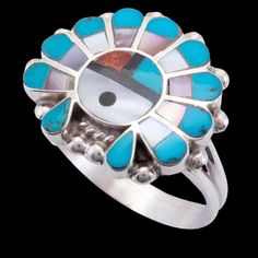 Zuni Sterling Silver Multi-Color Inlay Sunface Ring By E.R. Ring size: 7.00 Womens Activewear Tops, Turquoise Ring Silver, Shoe Last, Oversized Style, Toddler Shoes, Active Wear Tops, Sock Shoes, Turquoise Ring, Cosmetic Bag