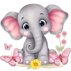 a baby elephant sitting on top of a pile of flowers and butterflies with the words i love you