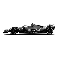 a black and white photo of a racing car on a white background, with the front wheels facing forward