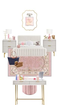 a pink and white bedroom with gold accents