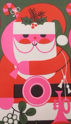 a christmas card with santa claus holding a camera in front of holly wreaths and candy canes