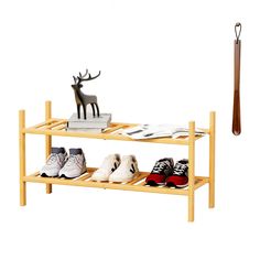 a wooden shelf with shoes and an umbrella