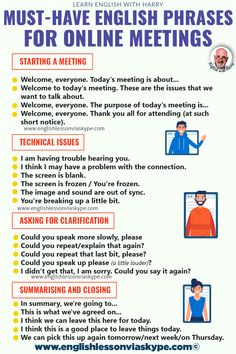 a poster with instructions on how to use english phrases for online meetings