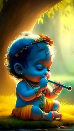 a baby sitting on the ground playing a flute