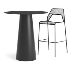 a black table and chair sitting next to each other on a white background, with the seat up