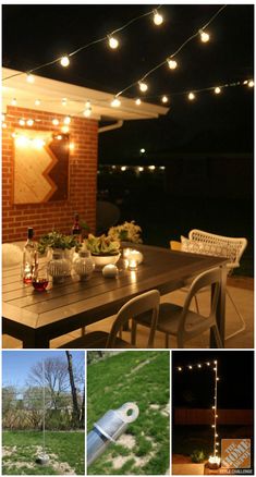 an outdoor dining area is lit up with string lights