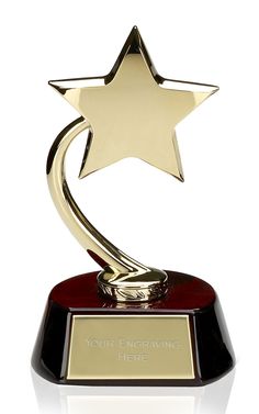 an award trophy with a gold star on it's base and a red base