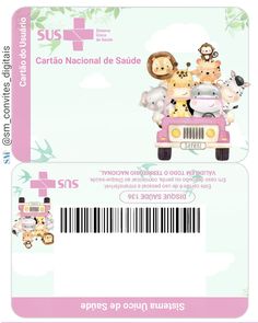 a pink car with animals on it and a barcode in the back that says cartao naciona de sada