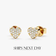 Home is where the heart is. Show your love in the most dazzling way with these enchanting Pave Diamond Heart Studs. Crafted in gleaming 14k gold (available in yellow, white, and rose gold), these earrings feature a classic heart shape, meticulously pave-set with sparkling diamonds. - Handmade - Solid Gold - Natural Diamonds  - G Color, SI Quality Diamonds - Total Diamond Carat Weight: 0.10 ctw - Dimensions of Setting: 5.5 mm 🛠 Your Sarah Elise piece is handcrafted with care! Ready-to-ship items Rose Gold Diamond Earrings, Diamond Heart Earrings, Memory Ring, Studs Diamond, Gold Heart Studs, Earrings White Gold, Small Stud Earrings, Solid Gold Bracelet, White Gold Studs