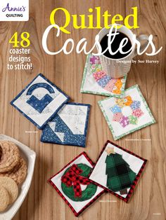 the cover of quilting's quilted coasters, featuring coffee mug and cookies