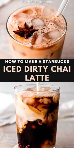 iced dirty chai latte in a tall glass with ice and cinnamon on top