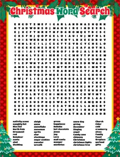 a christmas word search is shown in red and green