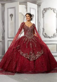 There is no better way to pair sophisticated style with glamour than with this Mori Lee 89321. This quinceanera dress parades deep a v-neck neckline and a detachable cape sleeves. This dress is embroidered with sequins and beads throughout that makes the dress look elegant and sophisticated. You will be the queen of the night when you wear this dress as its screams power and elegance. It has an open back and a lace up tie in the back for closure. Be ready and able to sparkle at your Prom, Quince Parade Dress, Blush Dress, Princess Sleeves, Mori Lee, Blush Dresses, Dressy Dresses, Quince Dresses, Burgundy Dress, The Drama