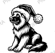 a black and white drawing of a dog wearing a santa hat