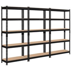 an industrial shelving unit with four shelves on each side and one shelf below it