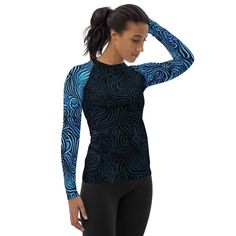 Beautiful and figure flattering rash guard. Don't be afraid to be your most active self in this smooth and versatile long-sleeve rash guard! It protects you from the sun, wind, and other elements while doing sports, and the slim fit, flat ergonomic seams, and the longer body gives extra comfort. This piece is part of a collection. Additional pieces are available. * 82% polyester, 18% spandex * 6.78 oz/yd² (230 g/m²) (weight may vary by 5%) * Very soft four-way stretch fabric that stretches and r Black Casual Rash Guard For Surfing, Casual Black Rash Guard For Surfing, Blue Casual Rash Guard For Water Sports, Casual Blue Rash Guard For Water Sports, Blue Go-dry Swimwear For Water Sports, Blue Quick-dry Swimwear For Water Sports, Sporty Compression Moisture-wicking Rash Guard, Sporty Stretch Activewear For Surfing, Blue Rash Guard With Upf 50+ For Surfing