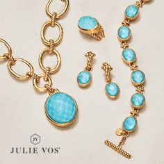 A showstopping oval gemstone dangles from a chain of hammered ovals linked by loops of twisted golden rope and closing with a spiral toggle. 24K gold plate, imported glass, CZ Length: 18.8 / 19.5 inches (adjustable) Closes with toggle Julie Vos hallmark Julie Vos Jewelry, Julie Vos, Celebrate Mom, Arm Party, Dream Style, Capri Blue, Nassau, Stunning Jewellery, Cocktail Ring