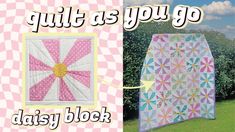 the quilt as you go daisy block is displayed in front of a pink and white checkered background