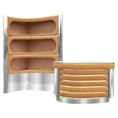 an image of a curved display unit with wooden shelves and metal frame around the shelf