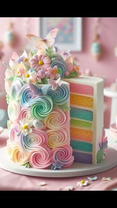 a multi - colored cake with swirls and flowers on top