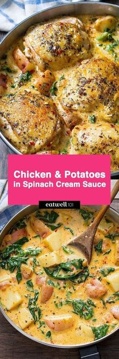 chicken and potatoes in spinach cream sauce with text overlay that reads chicken and potatoes in spinach cream sauce